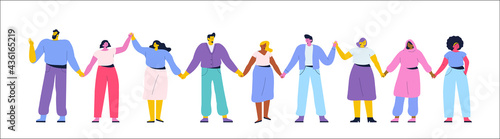 Team of multiracial and multicultural young men and women standing holding hands.