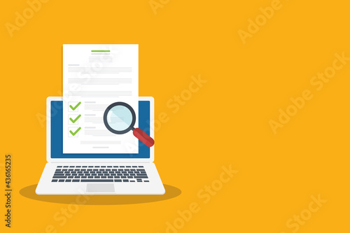 Online digital document inspection or assessment evaluation on laptop computer, contract review, analysis, inspection of agreement contract, compliance verification. Vector illustration	