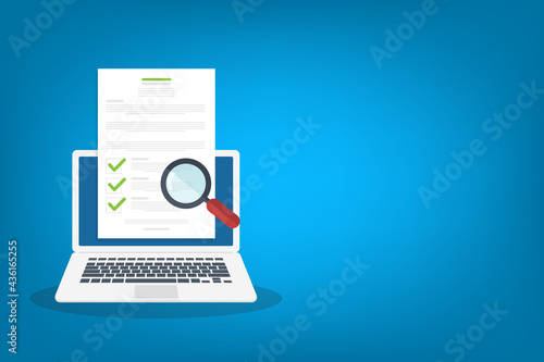 Online digital document inspection or assessment evaluation on laptop computer, contract review, analysis, inspection of agreement contract, compliance verification. Vector illustration	