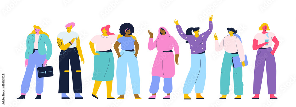 Happy young girls, women standing together flat vector illustration. Social diversity. Happy young girls, women standing together flat vector illustration. Social diversity.