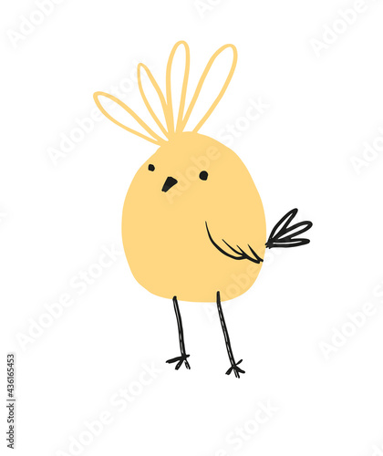 Mooie vectorkaart met schattige kleine kip. Grappige gele vogel op een witte achtergrond. Kinderachtige stijl Easter Party Vector Print voor kaart, kunst aan de muur, decoratie.
