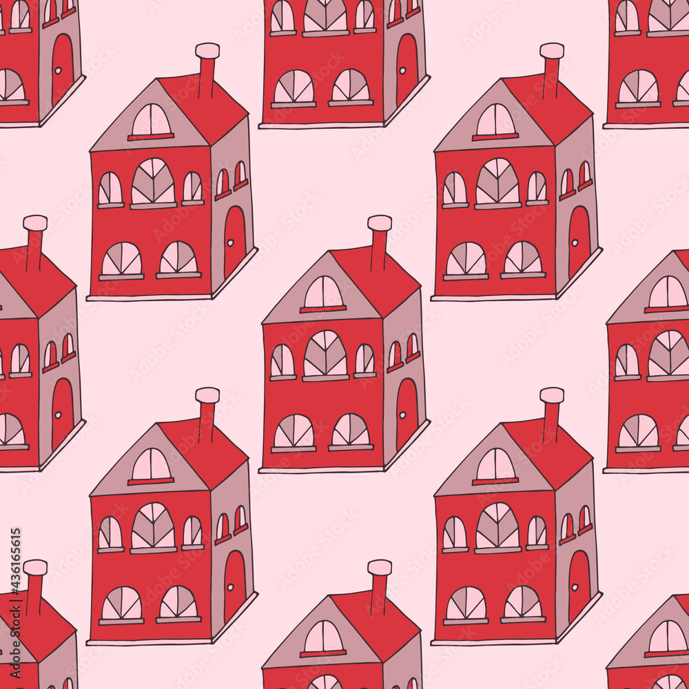 Cozy houses pattern, bright pattern with doodle house, bright red and pink pattern with buildings, cozy cottage vector seamless pattern