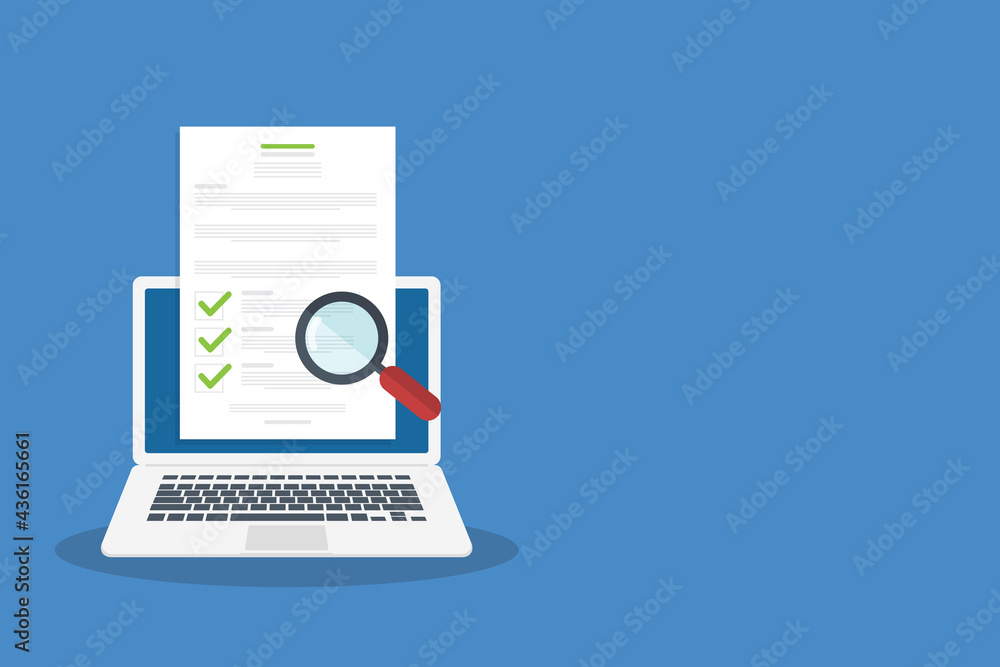Online digital document inspection or assessment evaluation on laptop computer, contract review, analysis, inspection of agreement contract, compliance verification.