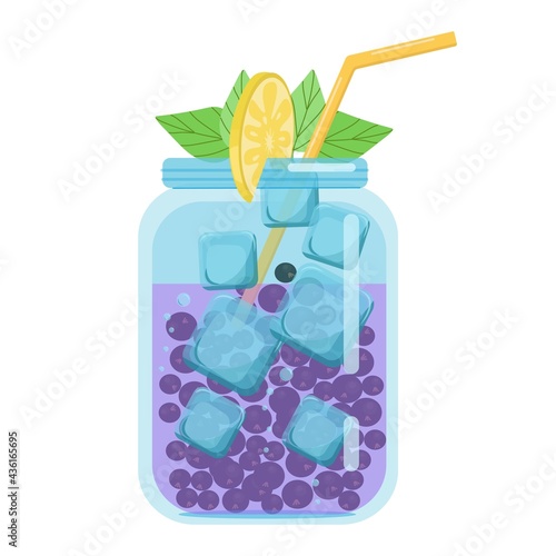 Soft drinks, fruit cocktails with black currants, carbonated soft drink in a glass jar, vector object in flat style on a white background.