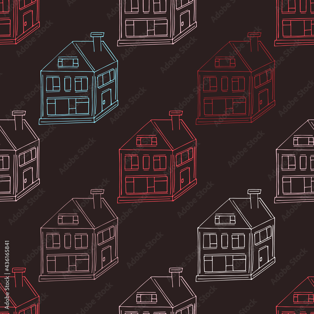 Dark brown pattern with doodle house, colorful houses on dark background pattern, hand-drawn pattern, cozy houses vector seamless pattern