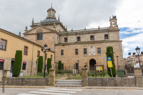 Majestic front view at the iconic spanish gothic building at the Cuidad Rodrigo cathedral, towers and domes, downtown city