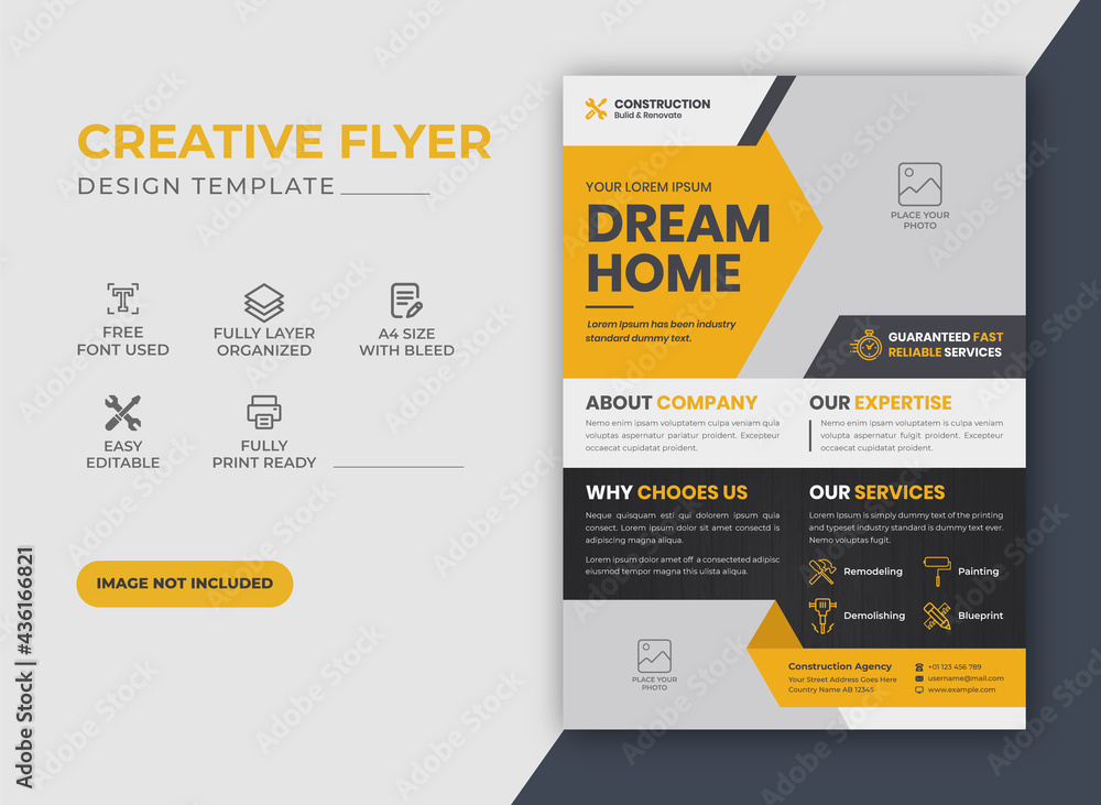 Creative Elegance Corporate  Construction Flyer Design Template with Yellow Color scheme