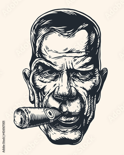 Angry Man With A Big Cigar In His Mouth.Drawing Style. Vector illustration.