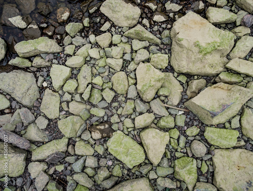 Rocks with moss on the coast. Greenish stones. Rocks on the beach. The texture of the stones. Abstract. Top view
