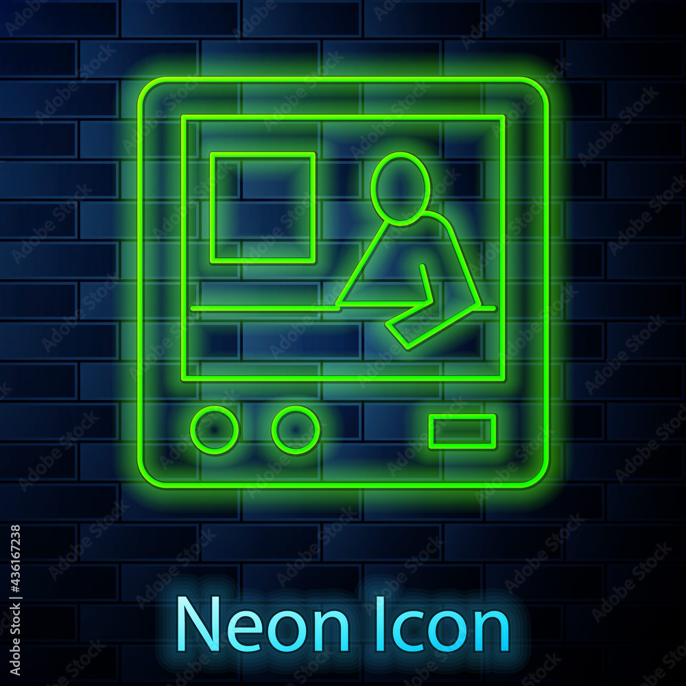 Glowing neon line Television report icon isolated on brick wall background. TV news. Vector Glowing neon line Television report icon isolated on brick wall background. TV news. Vector