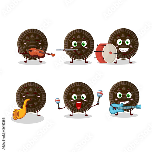 Cartoon character of chocolate biscuit playing some musical instruments