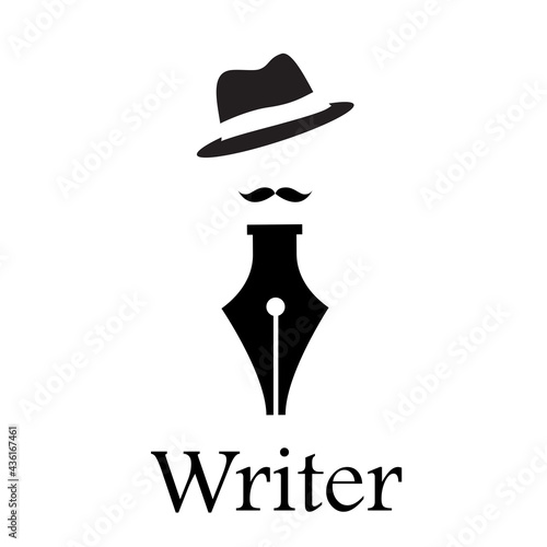 Vector logo Journalist. Fountain pen, Writer with moustache and hat