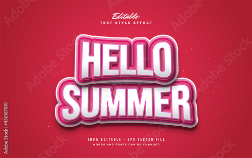 Hello Summer Text in White and Red with Cartoon Style and Bulge Effect. Editable Text Style Effect