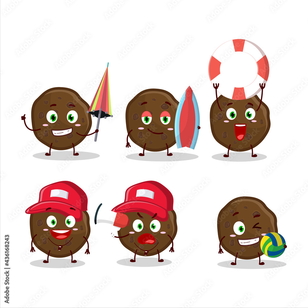 Happy Face chocolate cookies cartoon character playing on a beach Happy Face chocolate cookies cartoon character playing on a beach