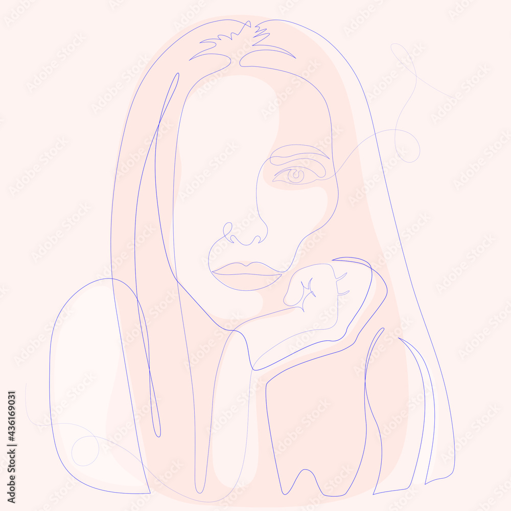 One line drawing style. Portrait, a pensive girl leaned her head on her hand. Modern Minimalist Simple Linear Style. Use it for design card, poster, banner, fashion print. One line drawing style. Portrait, a pensive girl leaned her head on her hand. Modern Minimalist Simple Linear Style. Use it for design card, poster, banner, fashion print.