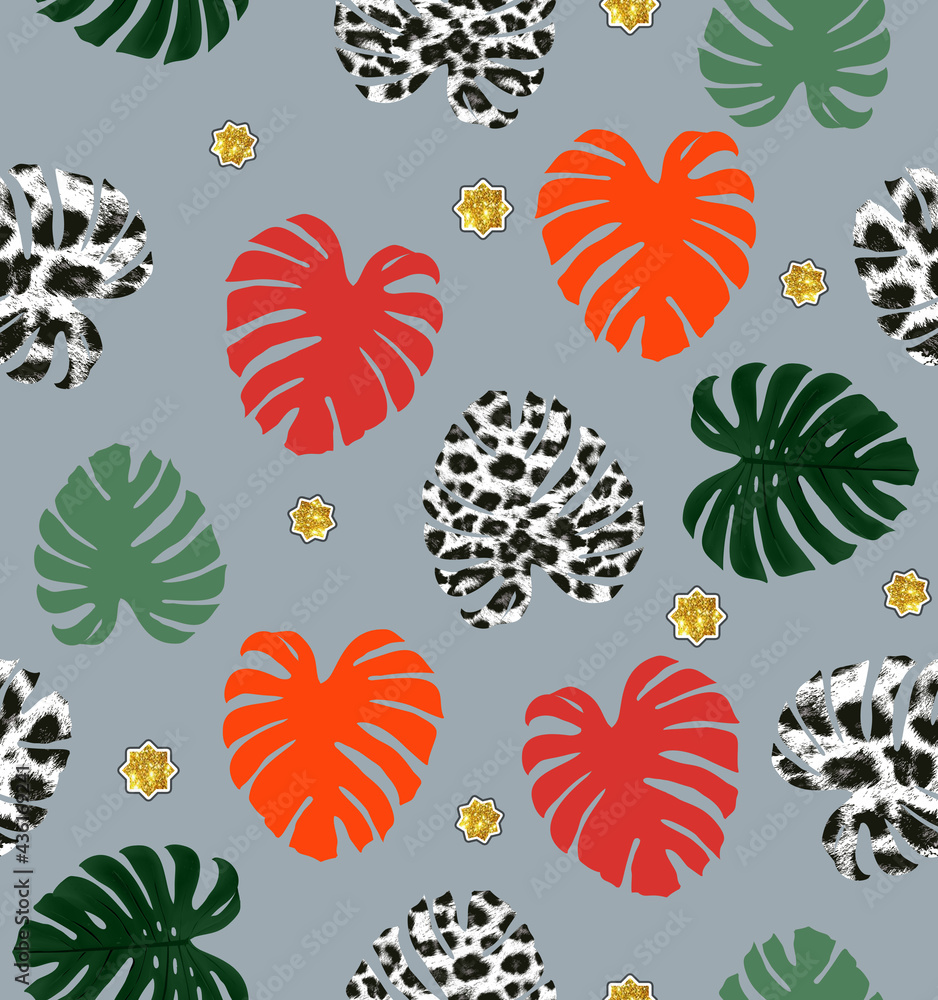 Cute Tropical Leaves Abstract Pattern Seamless Design Element with Trendy Fashion Colors Elegant Concept Perfect for Fabric Print Wrapping Paper