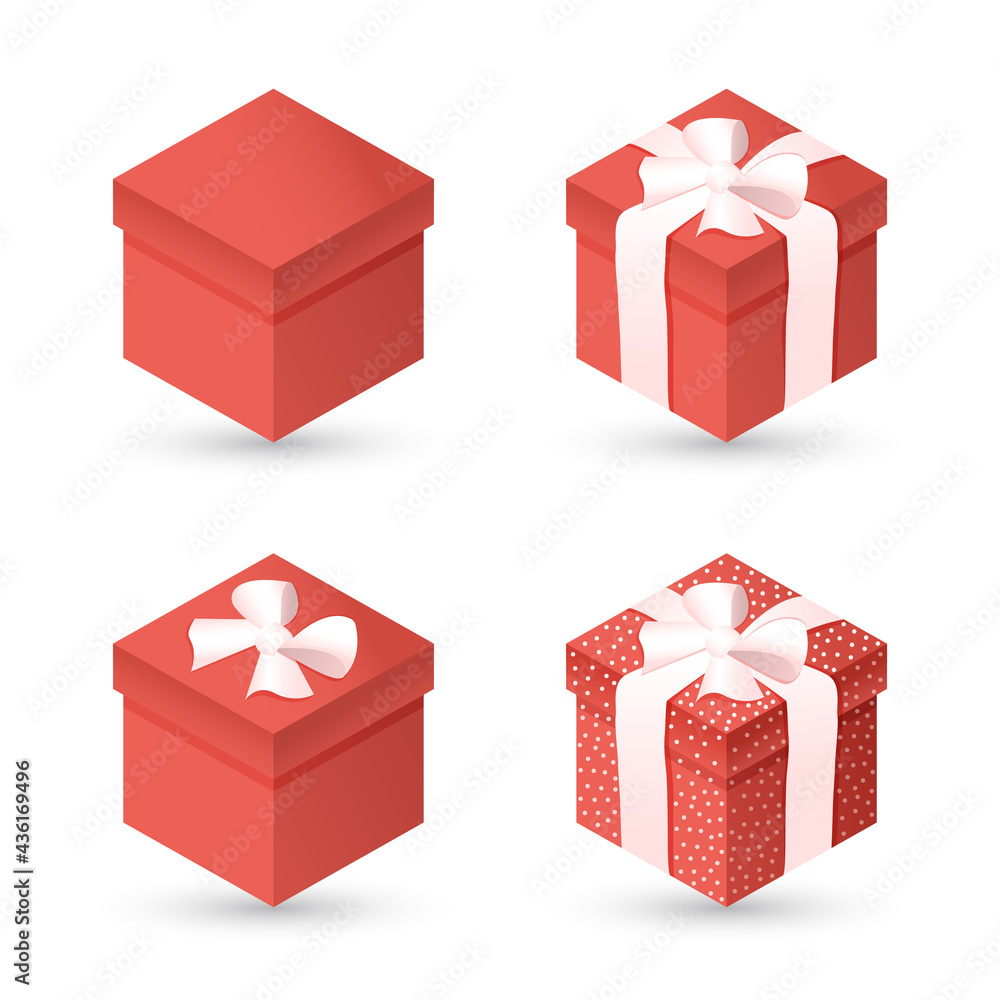 Set of red gift boxes with polka dots, with bow, ribbon on white isolated background. Realistic 3D gift for New Year, Christmas, Birthday, Valentines Day, holiday, party. Vector illustration. Set of red gift boxes with polka dots, with bow, ribbon on white isolated background. Realistic 3D gift for New Year, Christmas, Birthday, Valentines Day, holiday, party. Vector illustration.
