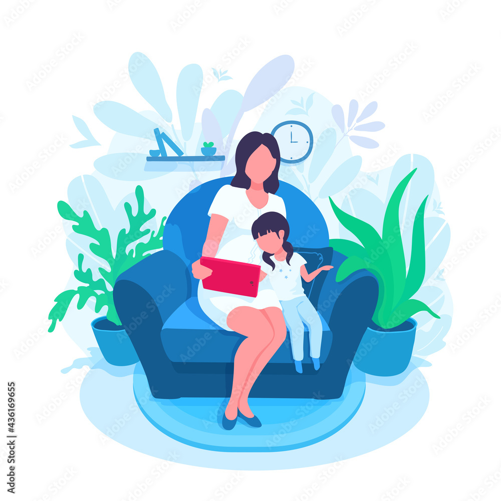 A mother and her child sitting on an armchair, watching a tablet PC. A parent and a kid reading, playing, teaching, learning. A girl touches a screen. A vector cartoon illustration.