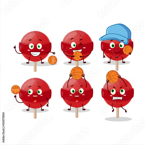 Talented red lolipop cartoon character as a basketball athlete