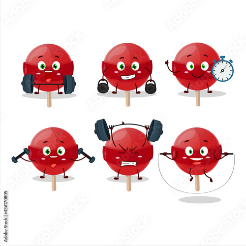 A healthy red lolipop cartoon style trying some tools on Fitness center
