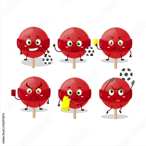 Red lolipop cartoon character working as a Football referee