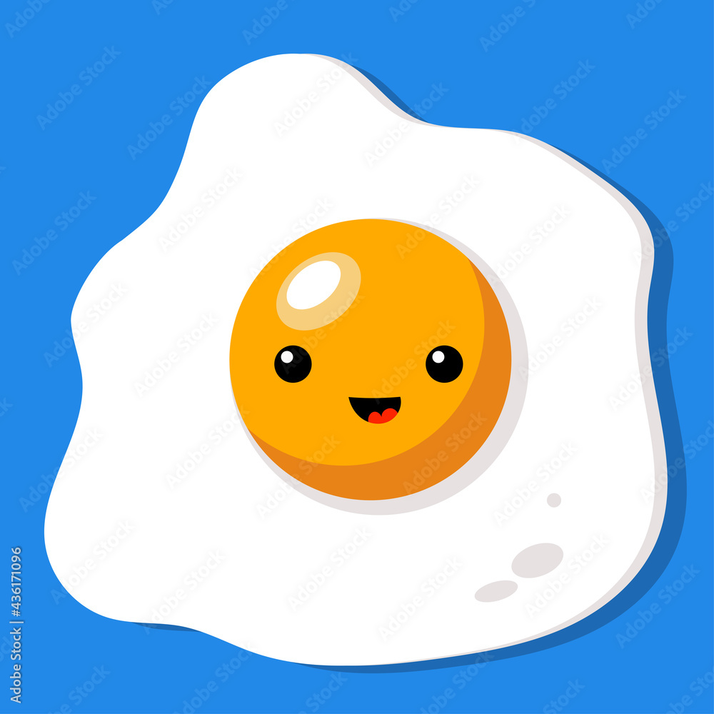 Cute emotional face of fried egg yolk. Breakfast tasty food smiling cartoon character in Kawaii style. Cute emotional face of fried egg yolk. Breakfast tasty food smiling cartoon character in Kawaii style.