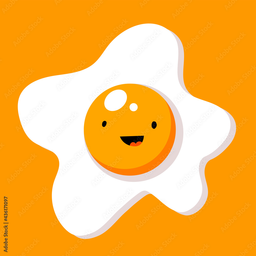 Cute emotional face of fried egg yolk. Breakfast tasty food smiling cartoon character in Kawaii style. Cute emotional face of fried egg yolk. Breakfast tasty food smiling cartoon character in Kawaii style.