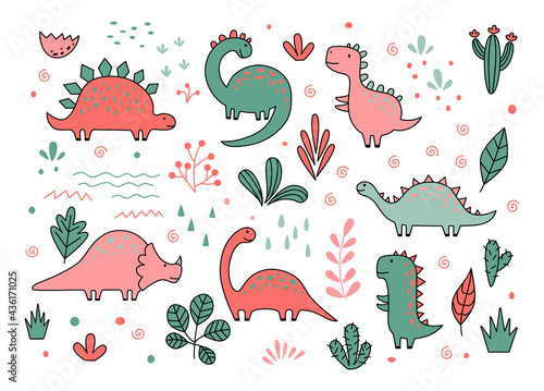 Cute dinosaurs and tropic plants in outline sketchy style. Funny cartoon dino set. Hand drawn vector doodle set for kids