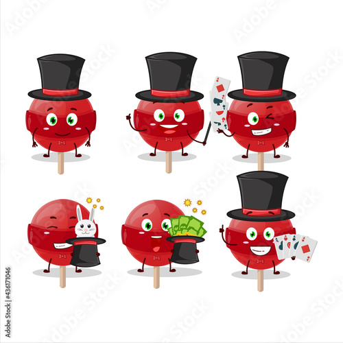 A red lolipop Magician cartoon character perform on a stage