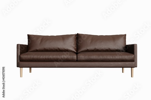 2 seat brown leather color sofa with wood legs on white background. front view. isolate background.
