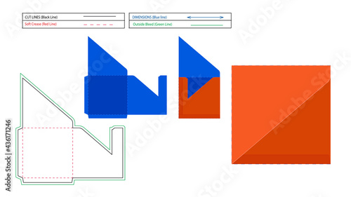 Square Envelope, Custom and luxury triangle cut envelope dieline template and 3D render