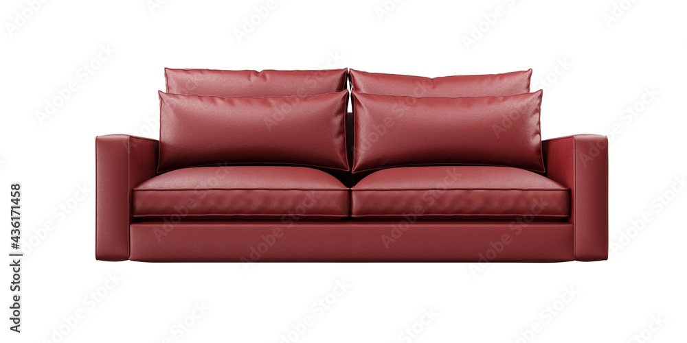 2 seat red color leather sofa on white background. front view. isolate background. 2 seat red color leather sofa on white background. front view. isolate background.