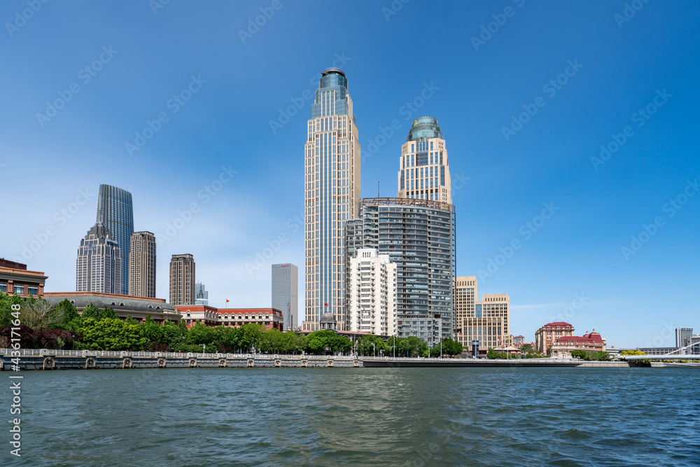 Street View of modern architecture along Haihe River in Tianjin