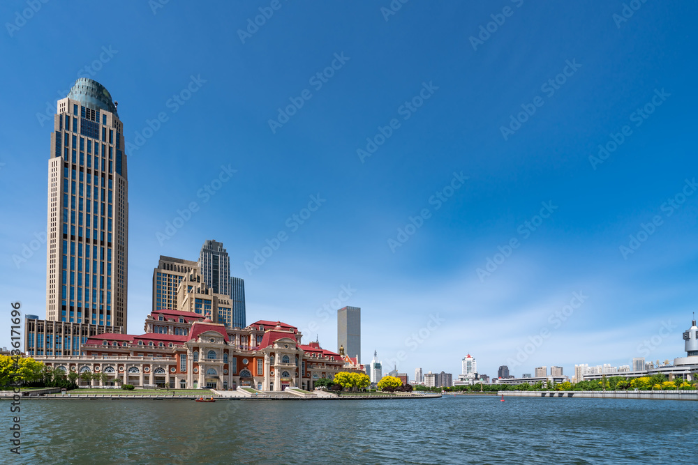 Naklejka premium Street View of modern architecture along Haihe River in Tianjin