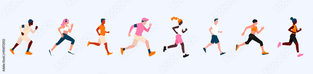 A poster with a group of people with different skin colors running a marathon. Active and healthy lifestyle. Vector illustration on an isolated background. Eps 10