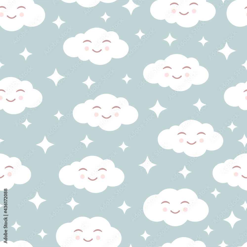 Cute seamless pattern with smiling clouds and white stars on a grey background. Vector illustration for fabrics, textures, wallpapers, posters, postcards. Childish fun print. Editable elements.