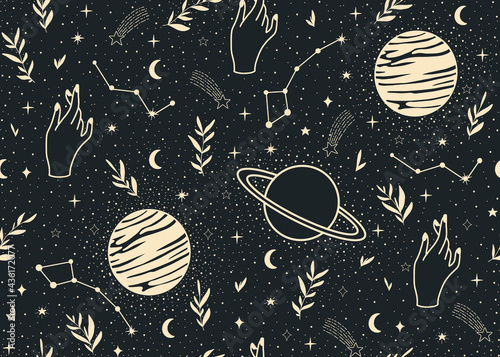 Cosmic minimalistic seamless pattern. Contemporary modern minimalistic seamless pattern. Space boho background with stars, comets shapes. Trendy vector illustration perfect for prints