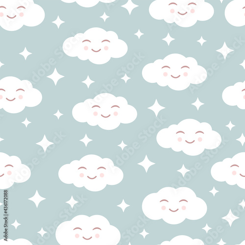Cute seamless pattern with smiling clouds and white stars on a grey background. Vector illustration for fabrics, textures, wallpapers, posters, postcards. Childish fun print. Editable elements. © Irina Anashkevich