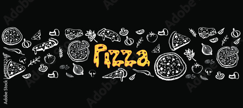 Doodles pizzas and ingredients on the black background. Hand drawn food template for cafe, restaurant, pizzeria. Vector illustration.