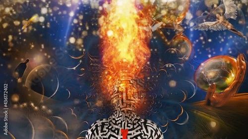 Fire head man in surreal scene with angels and stars
