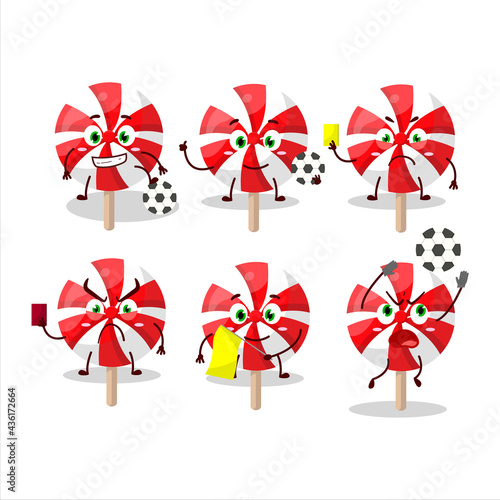 Red white peppermint lolipop cartoon character working as a Football referee