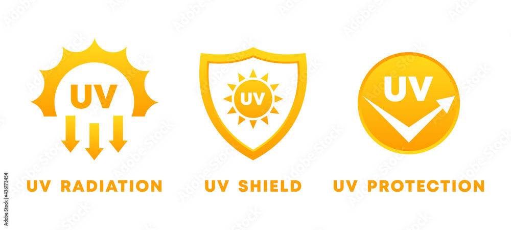 UV rays icon set. Ultraviolet protection, radiation and shield sign. Sun danger and sunblock cream solution. Yellow sun symbols. Skin care product design element. Vector illustration, flat, clip art.