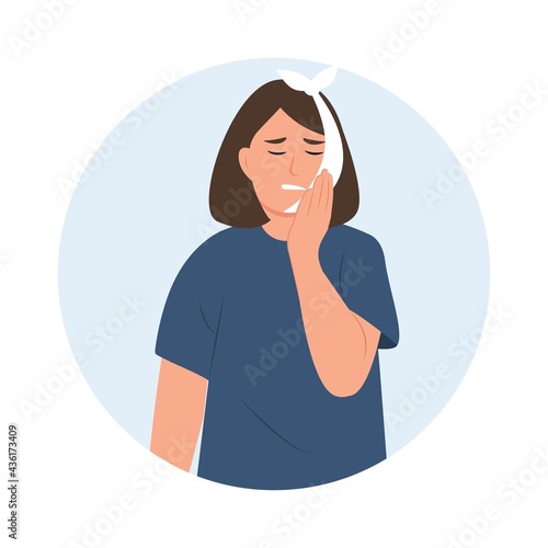 Toothache. Woman with toothache touching her cheek. Caries. Severe tooth pain. Vector illustration in cartoon style