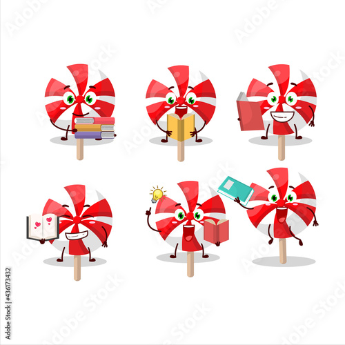 A picture of red white peppermint lolipop cartoon character concept reading an amusing book