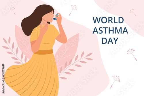 World asthma day..Woman uses an asthma inhaler against attack. Allergy,Bronchial asthma. Vector illustration