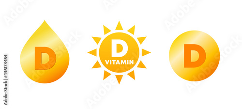 Vitamin D icon set. Vitamin D sources: sun, food and nutrition supplements. Yellow drop, sunshine and pill. Health benefits and immune system. Vitamin D deficiency. Vector illustration, flat, clip art
