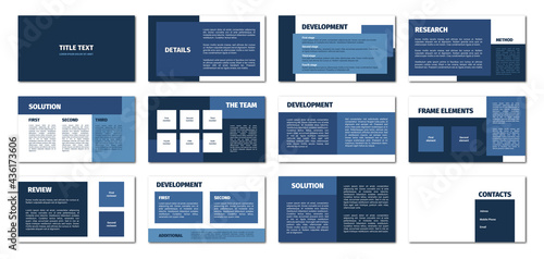 Presentation template. Blue rectangles flat design, white background. 12 slides. Title, detail, development, research, solution, team, frame element, review, solution, contacts.