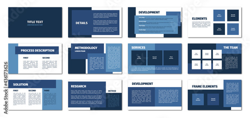 Presentation template. Blue and white rectangles flat design, 12 slides. Title, detail, development, element, process description, methodology, service, team, solution.