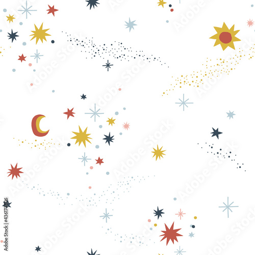 Starry sky vector seamless pattern. Dots stars crescent background. Milky Way space print design for kids. Scandinavian boho cosmic nursery.