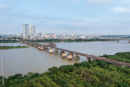 Aerial view of Long Bien bridge in Hanoi, Vietnam